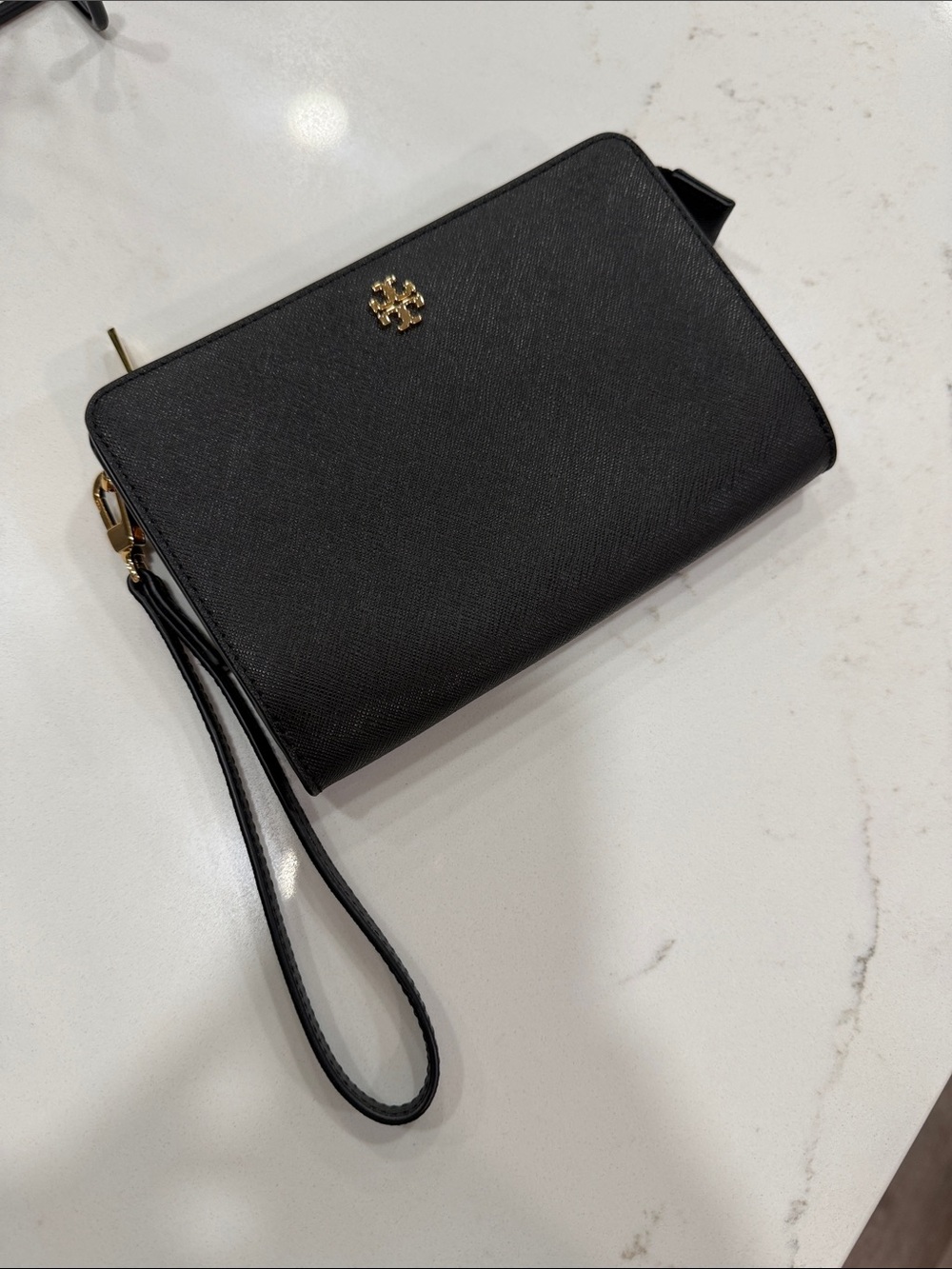 Tory Burch Black Saffiano Leather Wristlet with Gold Logo